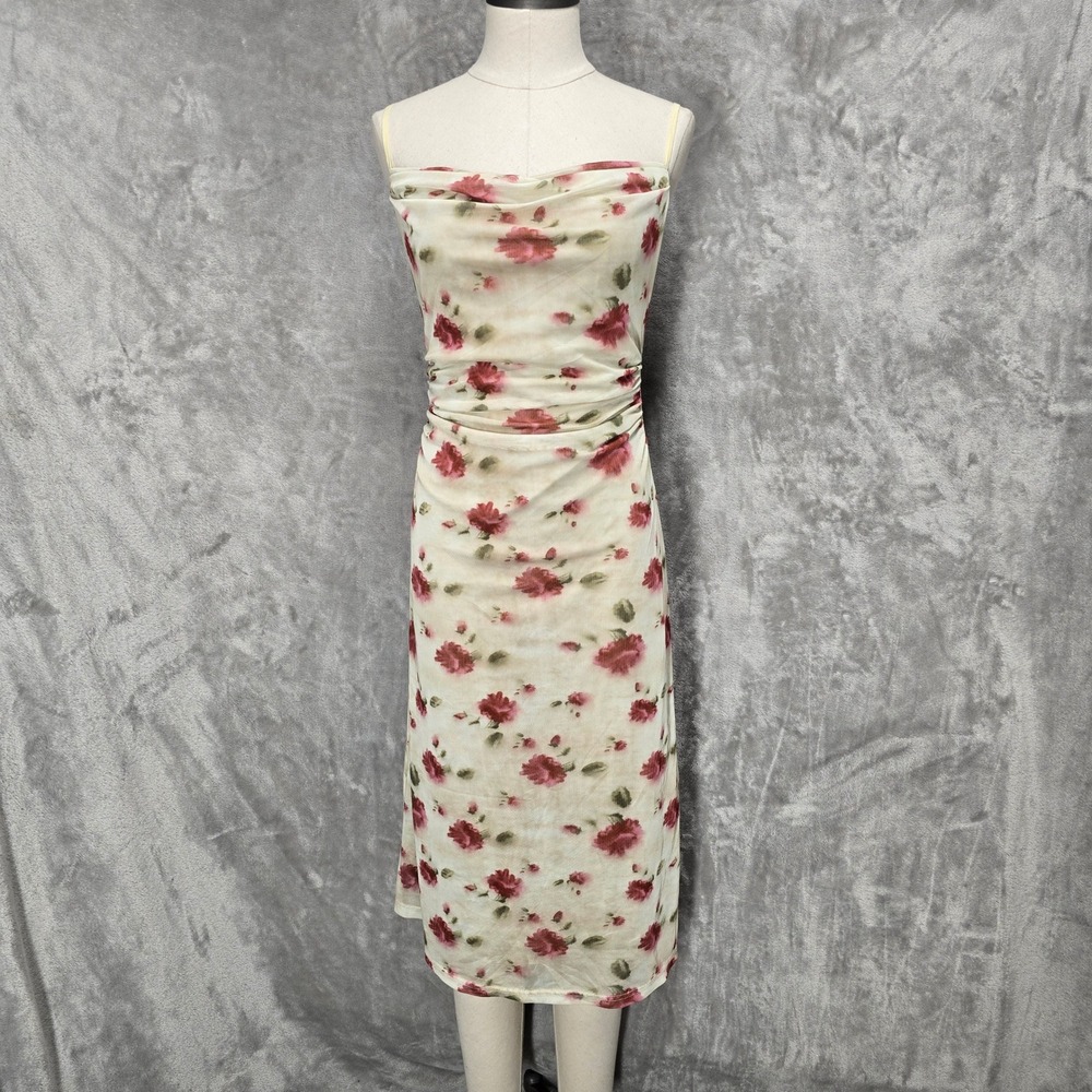 Simple Retro Floral‎ Mesh Cowl Neck Midi Dress S Coquette Cottgecore Fairycore